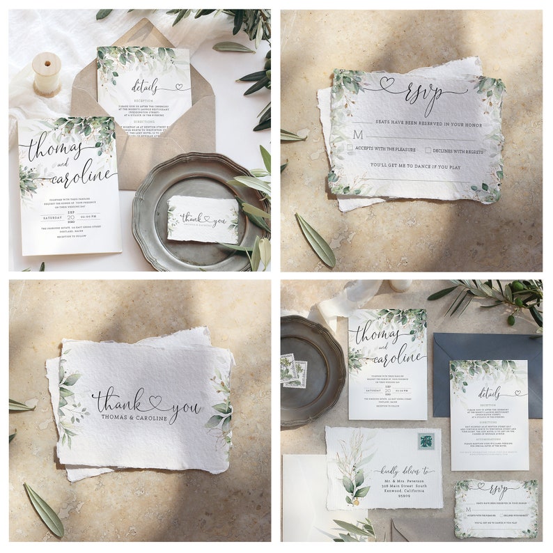 May include: A collection of wedding stationery featuring botanical designs. The set includes invitations, RSVP cards, details cards, and thank you notes. Each piece has a watercolor leaf border and elegant calligraphy. The invitation reads "Thomas and Caroline".