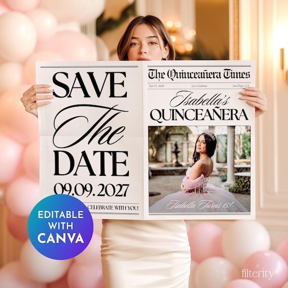 Quinceanera Save The Date Newspaper | Canva Template | Quinceañera invitation | Quince Photoshoot Newspaper | Sweet 15 Newspaper Invite