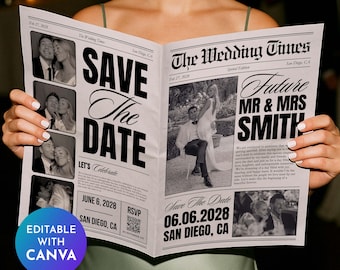 Zapisz datę szablon gazety Canva, ślubny Save The Date, ogłoszenie o sesji zdjęciowej w gazecie, szablon gazety ślubnej