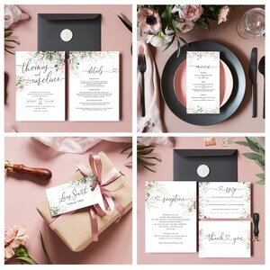 May include: Wedding invitation suite with a floral design. The invitation features the names "Thomas and Caroline" in calligraphy. The details card includes information about the ceremony and reception. The menu card features a floral design and the word "menu". The RSVP card features a floral design and the words "RSVP" and "thank you".