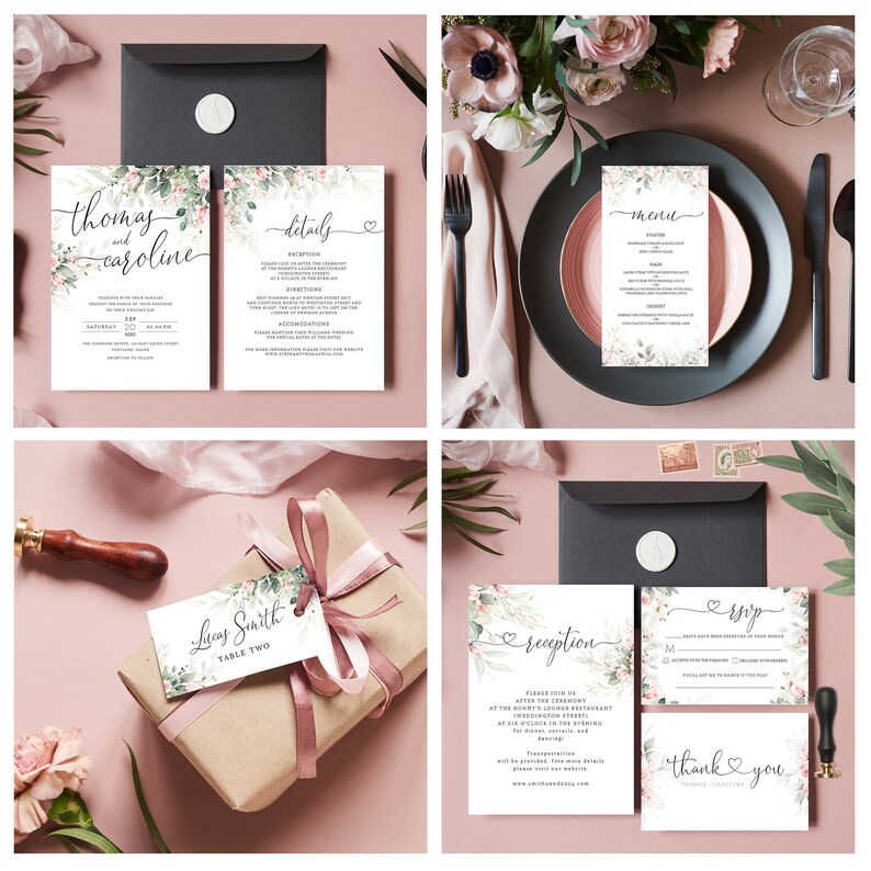 May include: Wedding invitation suite with a floral design. The invitation features the names "Thomas and Caroline" in calligraphy. The details card includes information about the ceremony and reception. The menu card features a floral design and the word "menu". The RSVP card features a floral design and the words "RSVP" and "thank you".