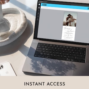 May include: A laptop computer displaying a wedding invitation template with a photo of a couple in a field. The text on the invitation reads "thomas and caroline". The invitation is being edited on a website with a blue and white interface. The text "INSTANT ACCESS" is displayed below the laptop.