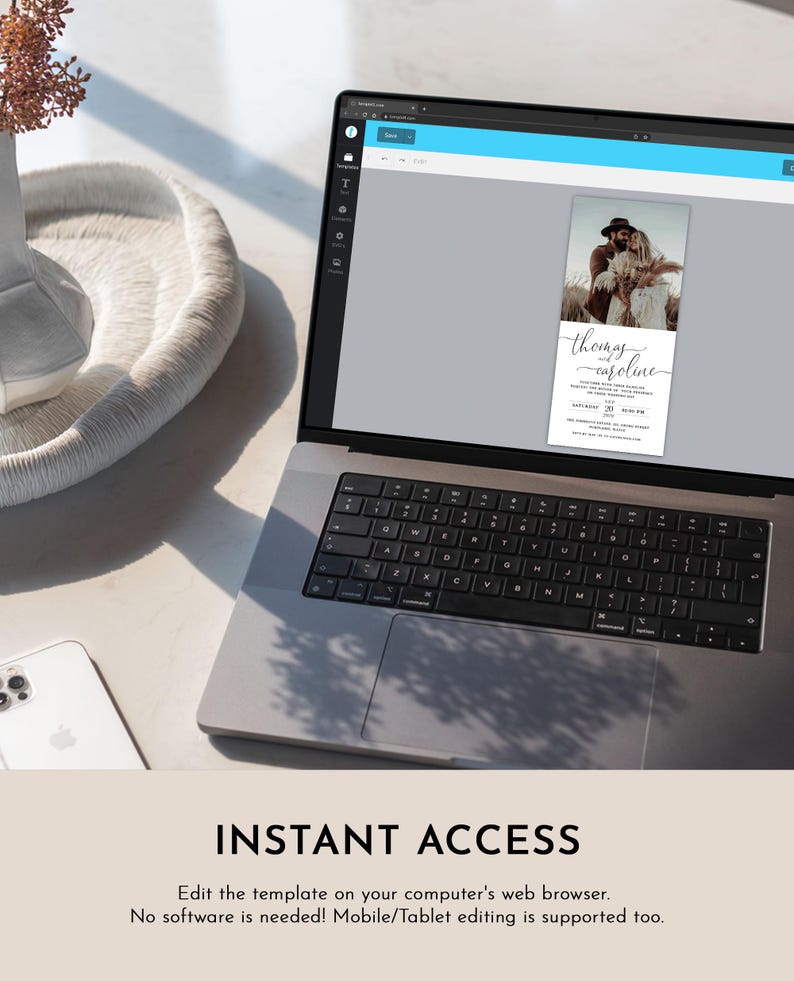 May include: A laptop computer displaying a wedding invitation template with a photo of a couple in a field. The text on the invitation reads "thomas and caroline". The invitation is being edited on a website with a blue and white interface. The text "INSTANT ACCESS" is displayed below the laptop.