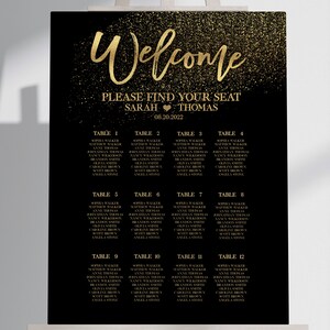 May include: Black and gold wedding seating chart with a glitter background. The chart lists tables 1 through 12 with guest names for each table. The text at the top reads "Welcome" and "Please find your seat Sarah Thomas 08.20.2022".