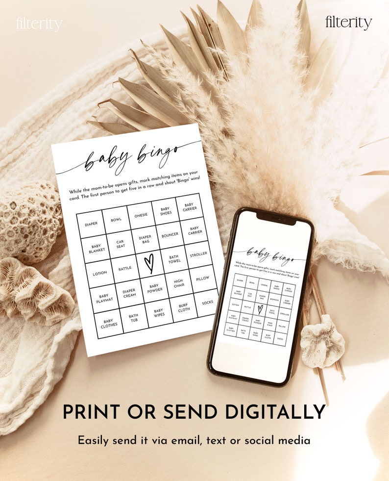 May include: A printable baby bingo card with a black and white design. The card features a grid with squares containing various baby-related items, such as diapers, onesies, and a baby carrier. The text "baby bingo" is written in a cursive font at the top of the card. The text "While the mom-to-be opens gifts, mark matching items on your card. The first person to get five in a row and shout Bingo wins!" is written below the title.