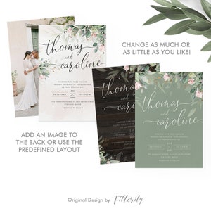 May include: A wedding invitation with a green and white floral design. The invitation features the names "Thomas and Caroline" in elegant script. The invitation includes the date and time of the wedding, as well as the location. The invitation also includes the text "Together with their families, request the honor of your presence on their wedding day."