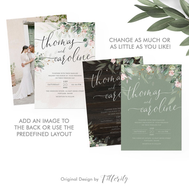 May include: A wedding invitation with a green and white floral design. The invitation features the names "Thomas and Caroline" in elegant script. The invitation includes the date and time of the wedding, as well as the location. The invitation also includes the text "Together with their families, request the honor of your presence on their wedding day."