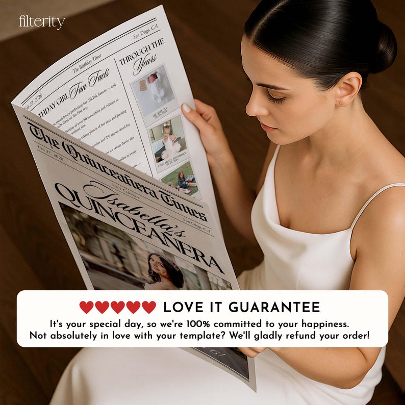 May include: A newspaper-style template titled "The Quincea&ntilde;era Times" with the name "Isabella's Quincea&ntilde;era" in large font. The newspaper includes photos and text. The image also includes the text "LOVE IT GUARANTEE".