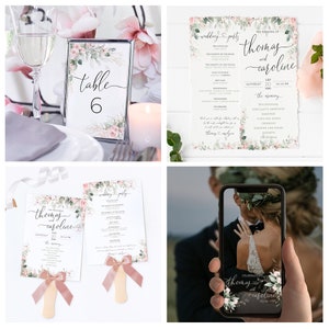 May include: Wedding invitation suite with a floral design featuring pink flowers and green leaves. The invitation includes the names "Thomas and Caroline" and the date "September 20".