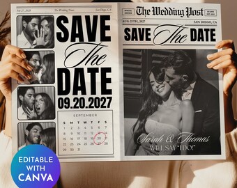 Szablon gazety „Zapisz datę” Canva, gazeta z ogłoszeniem o zaręczynach, gazeta dla przyszłych małżonków, gazeta „The Wedding Post”
