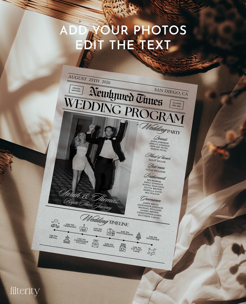 K&ouml;nnte beinhalten: Ein schwarz-wei&szlig;es Hochzeitsprogramm im Zeitungsdesign. Die Schlagzeile lautet "Newlywed Times WEDDING PROGRAM" mit dem Datum 25. August 2026. Das Programm enth&auml;lt ein Foto des Paares, Details der Hochzeitsgesellschaft und einen Zeitplan. Der Text oben lautet "ADD YOUR PHOTOS EDIT THE TEXT".