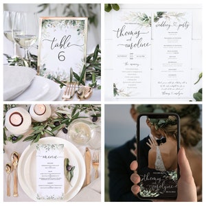 May include: A collage of wedding stationery and table settings. Includes a table number card with the number 6, a wedding invitation, a menu, and a photo of a couple on a phone screen. All items feature floral and greenery designs.