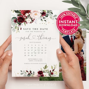 Burgunder Save The Date-Kalender, Save The Date-Vorlage mit Foto, Save The Date-Karten, Save The Dates, Save The Date Postkarte