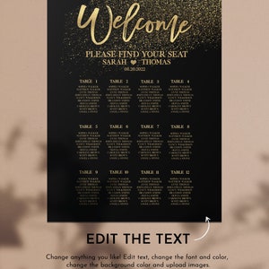 May include: Black and gold wedding seating chart with the text "Welcome" and "Please find your seat Sarah & Thomas 08.20.2022". The chart lists 12 tables with guest names.