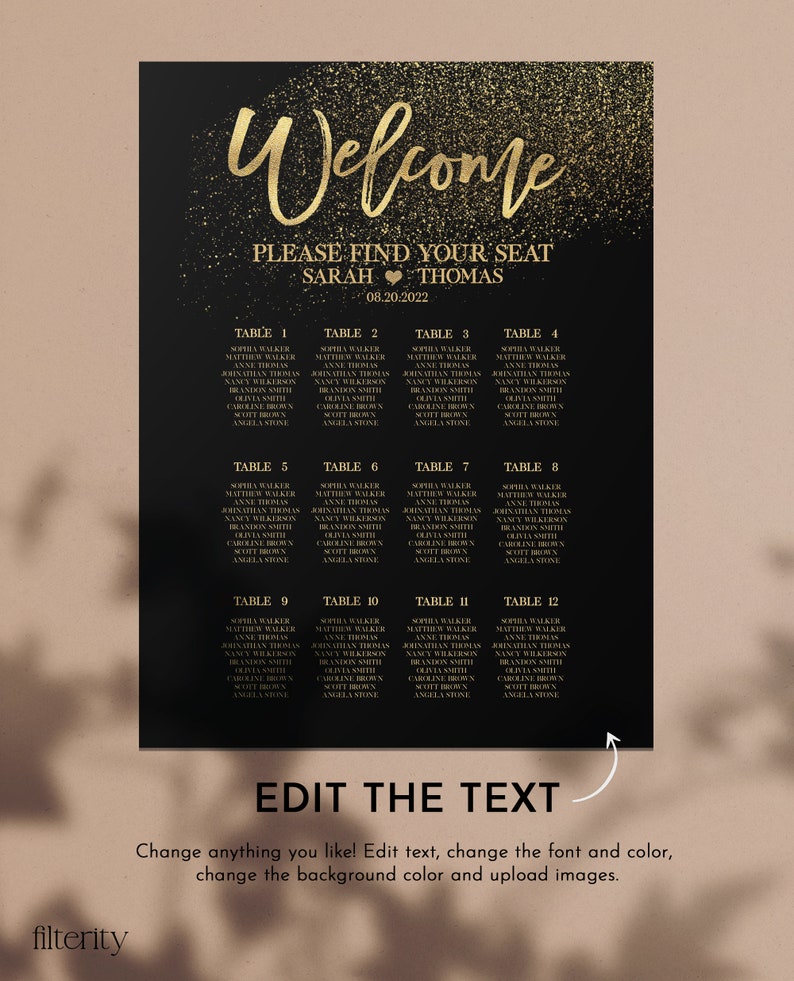 May include: Black and gold wedding seating chart with the text "Welcome" and "Please find your seat Sarah & Thomas 08.20.2022". The chart lists 12 tables with guest names.