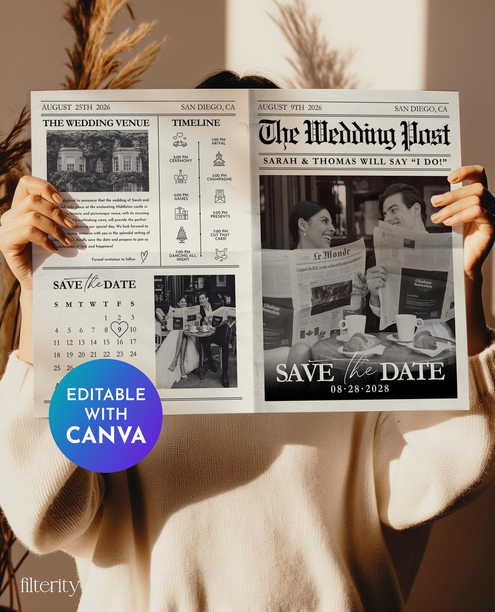 Save The Date Newspaper Template with Photo, The Wedding Post Newspaper, Wedding Program, Newlywed Times, Editable Newspaper Itinerary