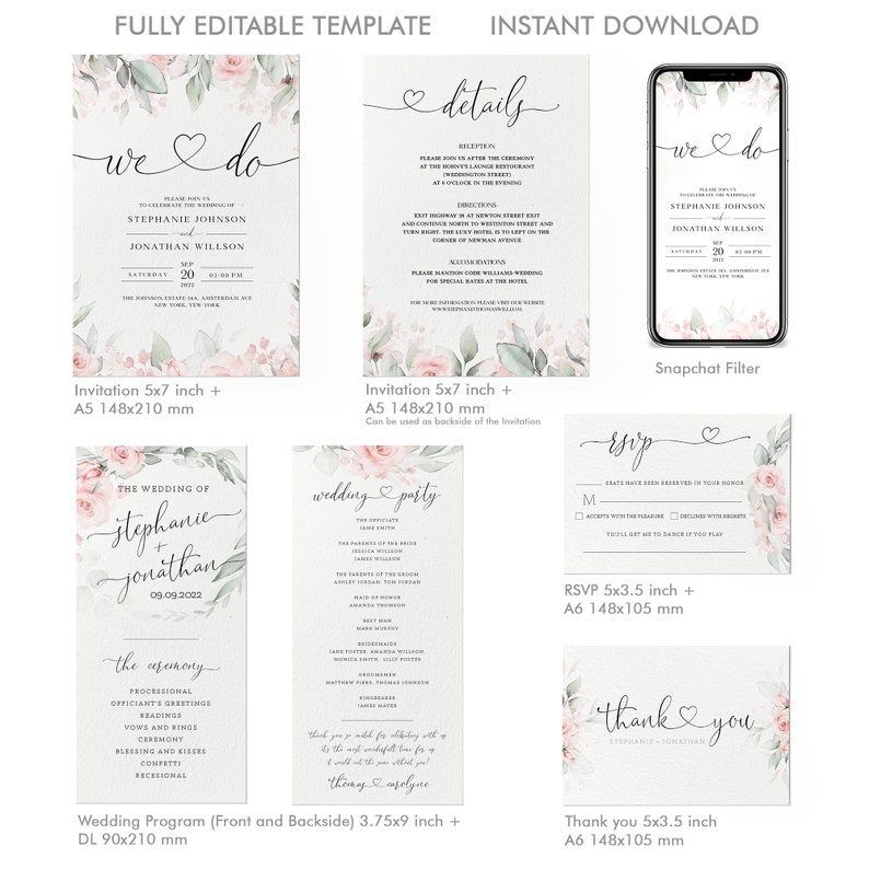 Printable Wedding Invitation Set Template Download Wedding | Etsy