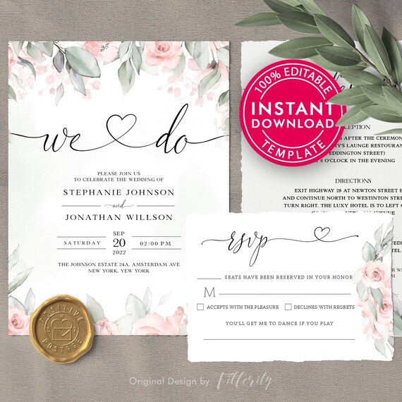 Printable Wedding Invitation Set Template Download Wedding | Etsy