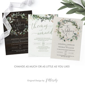 May include: Two wedding invitation cards with a rustic wood background and a watercolor floral design. The text on the cards reads "The Wedding of" and "Thomas and Amanda".