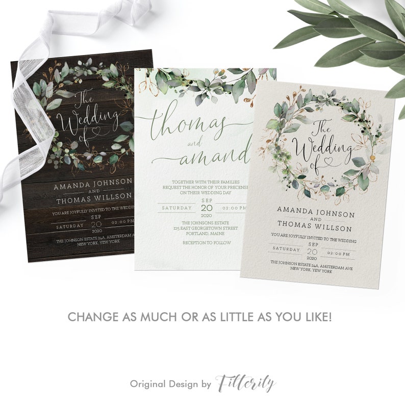 May include: Two wedding invitation cards with a rustic wood background and a watercolor floral design. The text on the cards reads "The Wedding of" and "Thomas and Amanda".