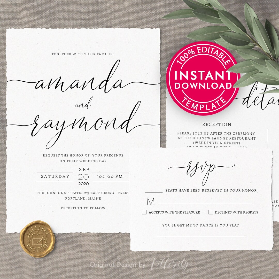 Printable Wedding Invitation Set Template Download, Wedding Invitations ...