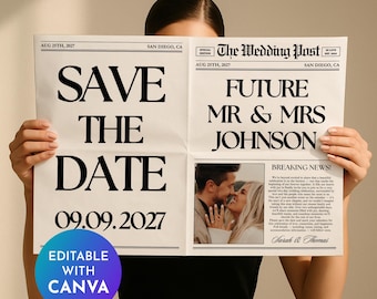 Szablon gazety zaręczynowej Canva, szablon gazety Save the Date, zaproszenie ślubne Save the Date, ogłoszenie w gazecie, gazeta na sesję zdjęciową