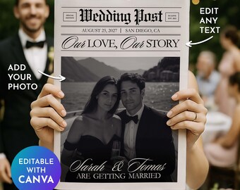 Wedding Newspaper Template Edit on Canva incl. Custom Crossword, Newspaper Wedding Program, Wedding Photoshoot Newspaper, Wedding Ceremony