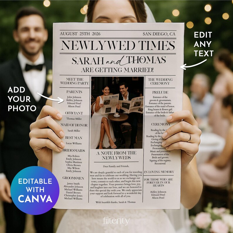 Folded Wedding Newspaper Template with Photo, Minimalist Wedding Newspaper Template, Wedding Program, Newlywed Times, Editable Newspaper image 10
