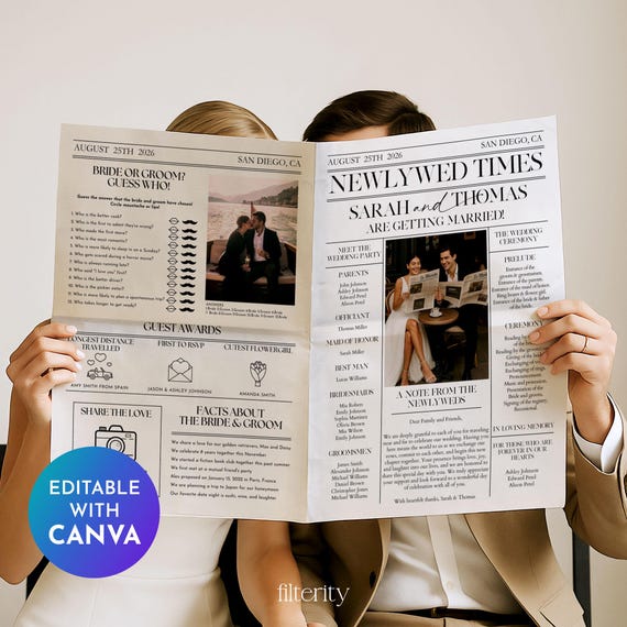 Folded Wedding Newspaper Template with Photo, Minimalist Wedding Newspaper Template, Wedding Program, Newlywed Times, Editable Newspaper