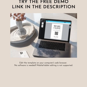 May include: A laptop computer displaying a wedding invitation template with a QR code and the text "SHARE the LOVE". The template is on a white background with black text. The laptop is on a light brown table with a white vase and a white phone.
