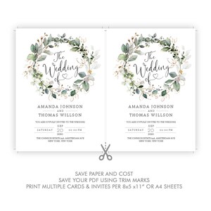 May include: Two wedding invitation cards with a green and gold floral wreath design. The text reads "The Wedding of" Amanda Johnson and Thomas Willson. The date is Saturday, September 20, 2020 at 2:00 PM. The location is The Johnson Estate 24A Amsterdam Ave, New York, New York.