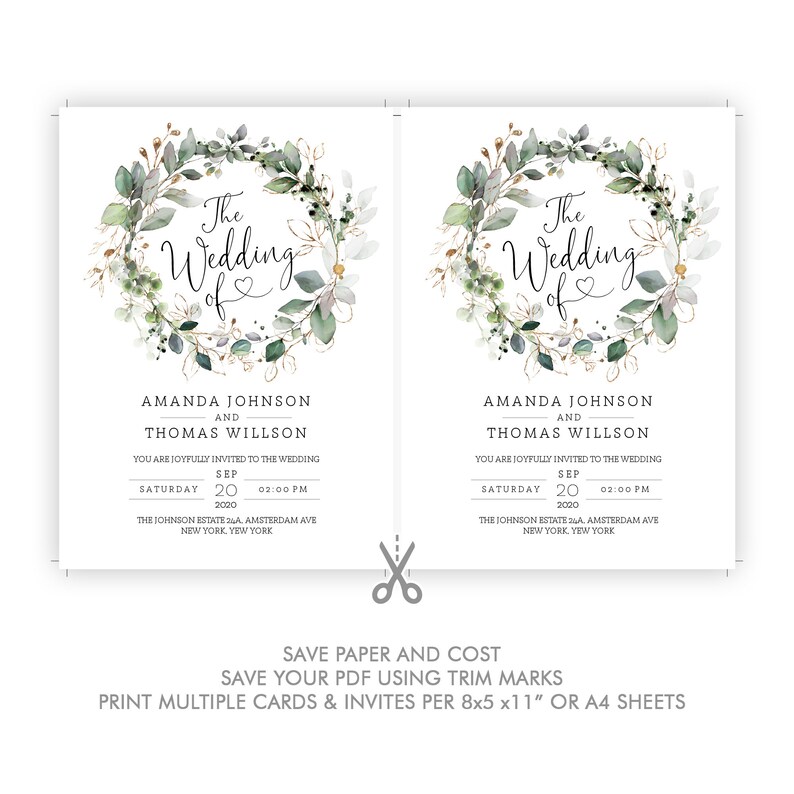 May include: Two wedding invitation cards with a green and gold floral wreath design. The text reads "The Wedding of" Amanda Johnson and Thomas Willson. The date is Saturday, September 20, 2020 at 2:00 PM. The location is The Johnson Estate 24A Amsterdam Ave, New York, New York.