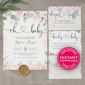 Baby Shower Invitation, Baby Girl Shower Invite, Baby Shower Invitation Girl, Diaper Raffle, Instant Download, Baby Shower Thank You Cards
