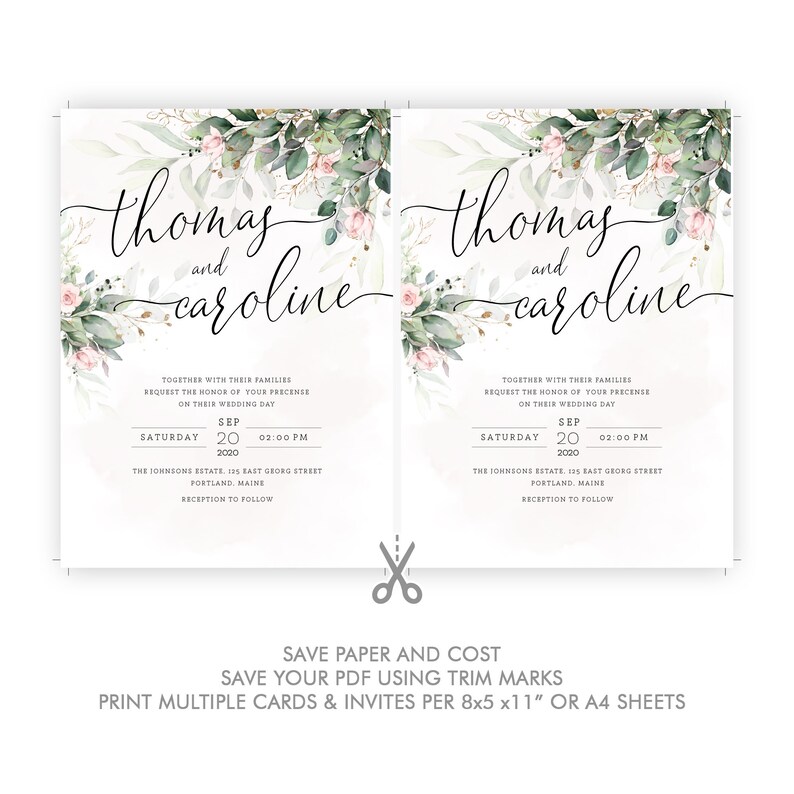 May include: A wedding invitation with a watercolor floral design in shades of green and pink. The invitation reads "Thomas and Caroline" with the wedding date and time: "Saturday, September 20, 2020 at 2:00 PM". The invitation also includes the location: "The Johnsons Estate, 125 East Georg Street, Portland, Maine".