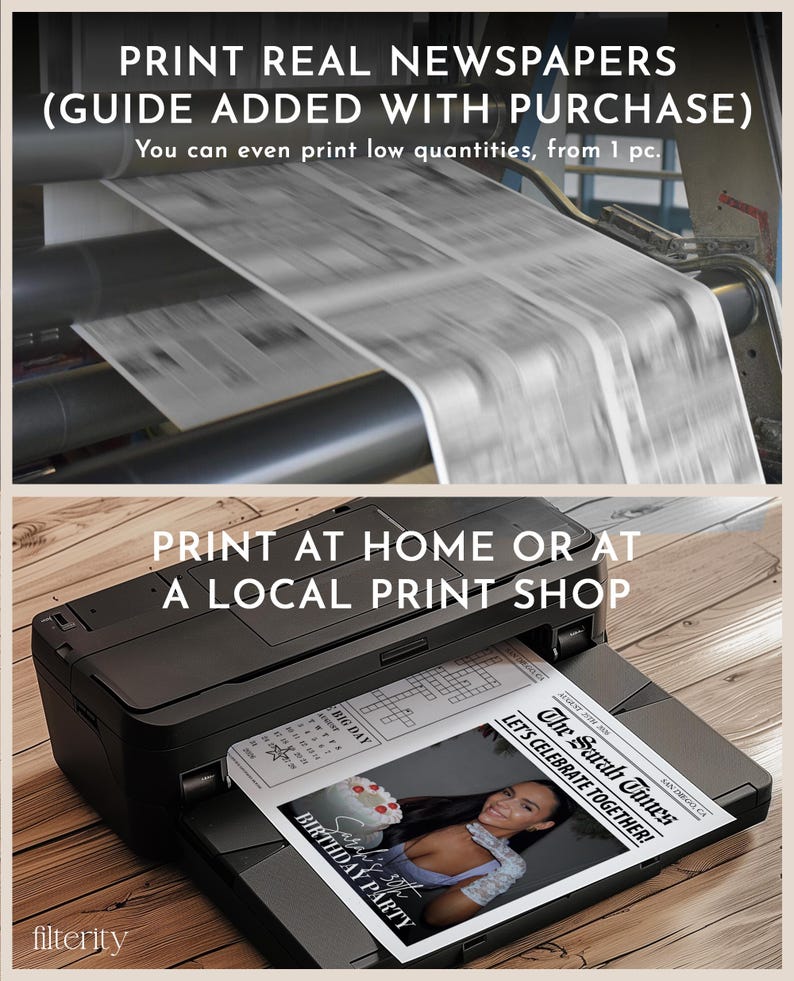 K&ouml;nnte beinhalten: Eine schwarz-wei&szlig;e Zeitungsvorlage mit einem Foto einer Frau und dem Text "The Sarah Times" und "Let's Celebrate Together!" Die Vorlage wird auf einem schwarzen Drucker gedruckt.