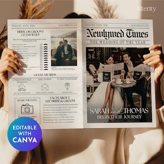 Wedding Newspaper Template with Photo, Wedding Newspaper Template, Wedding Program, Newlywed Times, Editable Newspaper Itinerary, Marriage