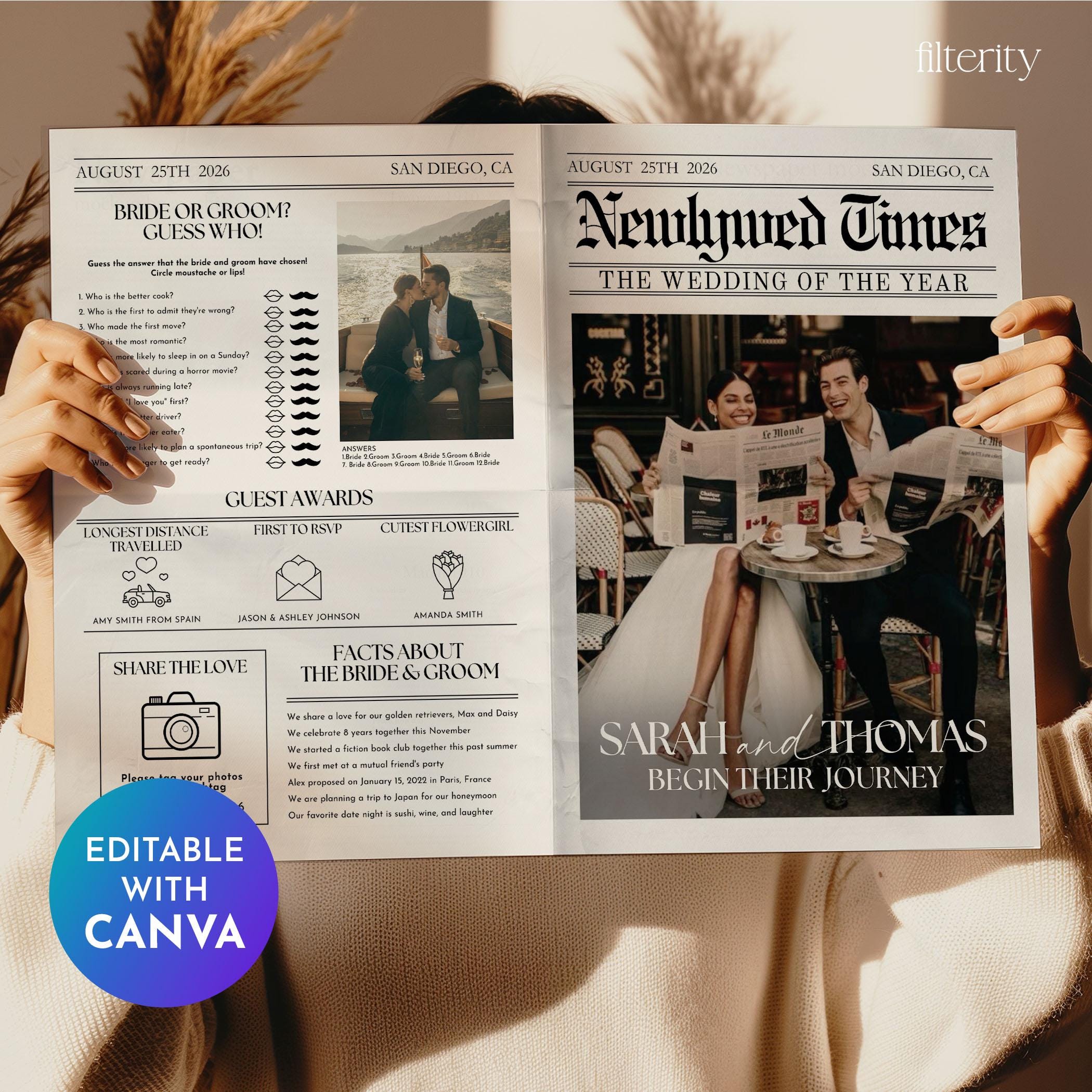 Wedding Newspaper Template with Photo, Wedding Newspaper Template, Wedding Program, Newlywed Times, Editable Newspaper Itinerary, Marriage