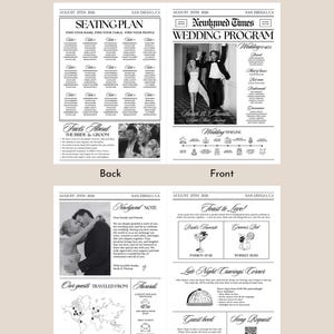 K&ouml;nnte beinhalten: Ein vierseitiges Hochzeitsprogramm im Zeitungsstil. Die Titelseite zeigt ein Foto des Paares und die &Uuml;berschrift "Newlywed Times". Weitere Seiten enthalten einen Sitzplan, Details zur Hochzeitsgesellschaft und eine Zeitleiste.
