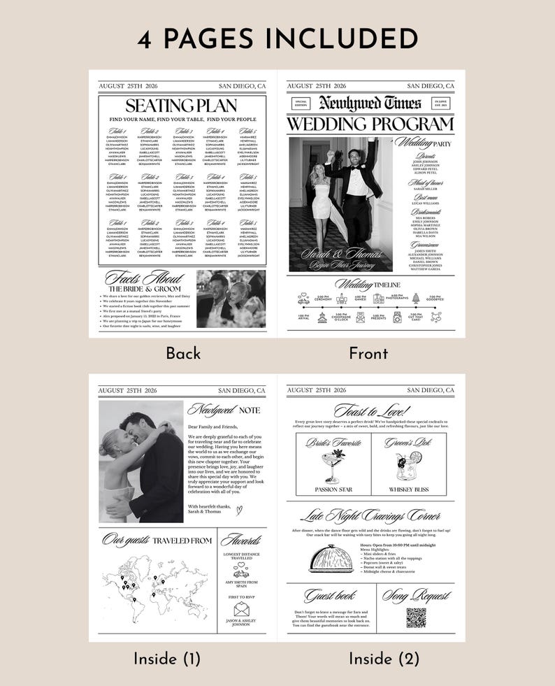 K&ouml;nnte beinhalten: Ein vierseitiges Hochzeitsprogramm im Zeitungsstil. Die Titelseite zeigt ein Foto des Paares und die &Uuml;berschrift "Newlywed Times". Weitere Seiten enthalten einen Sitzplan, Details zur Hochzeitsgesellschaft und eine Zeitleiste.