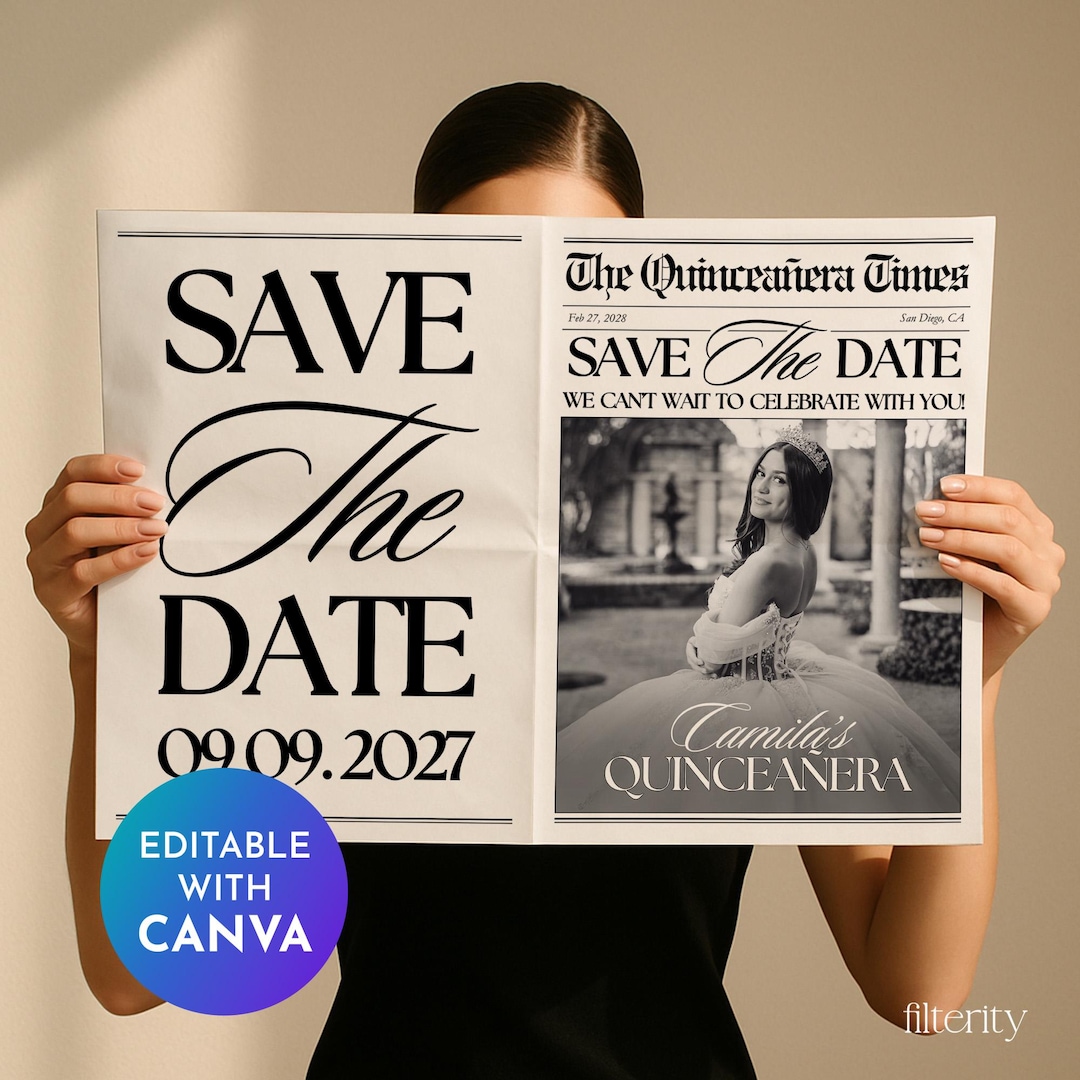 Quinceanera Save the Date Newspaper Canva Template Quinceañera