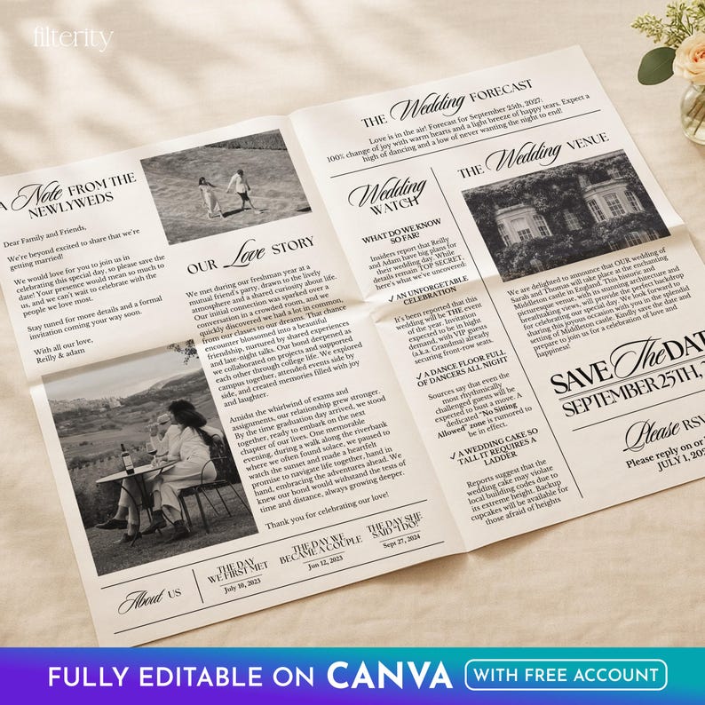 Save The Date Newspaper Template Canva, Wedding Save The Date, Announcement Photoshoot Newspaper, The Wedding Post News Paper Template image 3