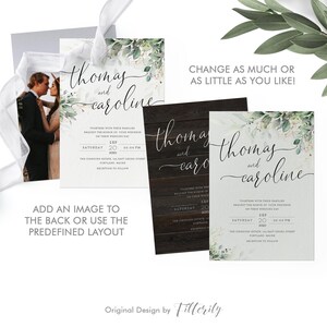May include: Wedding invitation featuring the names "Thomas and Caroline" in elegant script, with floral and greenery accents. The invitation includes event details and the option to add a photo. Text reads "Change as much or as little as you like!"