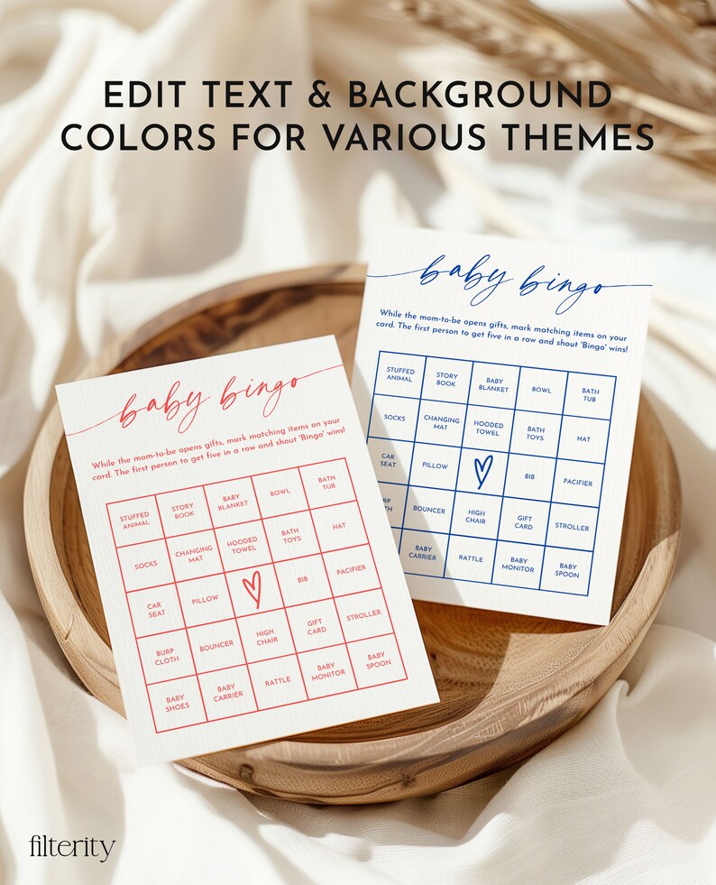 May include: Two printable baby bingo cards with a red heart in the center. The cards feature a variety of baby-related items, such as stuffed animals, socks, changing mats, hooded towels, bath toys, hats, car seats, pillows, bibs, pacifiers, bouncers, high chairs, gift cards, strollers, burp cloths, baby carriers, rattles, baby monitors, and baby spoons. The text on the cards reads "baby bingo" and "While the mom-to-be opens gifts, mark matching items on your card. The first person to get five in a row and shout 'Bingo' wins!"