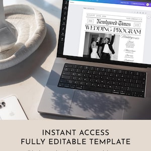 K&ouml;nnte beinhalten: Ein Laptop zeigt eine Vorlage f&uuml;r ein Hochzeitsprogramm mit dem Titel "Newlywed Times". Das schwarz-wei&szlig;e Design zeigt ein Foto eines Paares und Eventdetails. Der Text unten lautet "Instant Access Fully Editable Template."