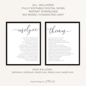 May include: Two framed digital art prints with black frames. The left print says "carolyne" in cursive and includes a vow. The right print says "thomas" in cursive and includes a vow. Sizes include 8x10 inch, 12x16 inch, 16x20 inch, 18x24 inch, and 24x36 inch.