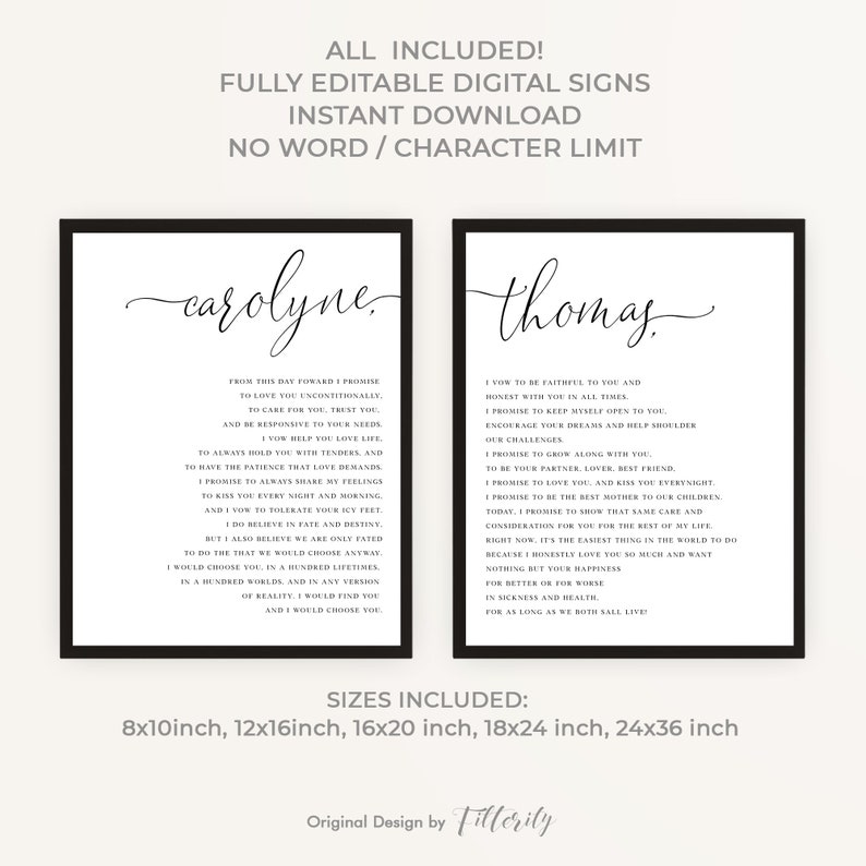May include: Two framed digital art prints with black frames. The left print says "carolyne" in cursive and includes a vow. The right print says "thomas" in cursive and includes a vow. Sizes include 8x10 inch, 12x16 inch, 16x20 inch, 18x24 inch, and 24x36 inch.