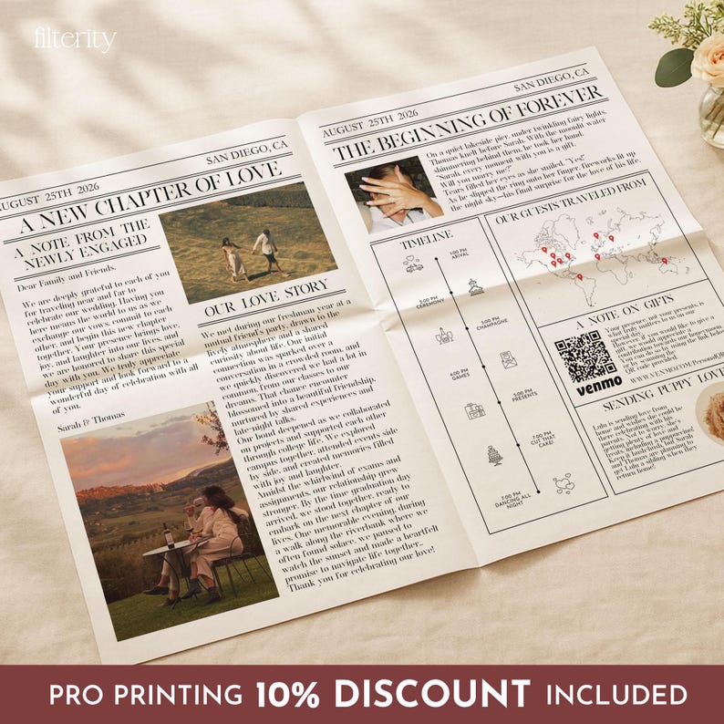 Folded Wedding Newspaper Template with Photo, Minimalist Wedding Newspaper Template, Wedding Program, Newlywed Times, Editable Newspaper image 2