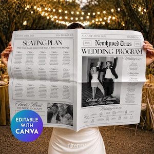 Puede incluir: Una plantilla de programa de boda y plan de asientos estilo periódico titulada Newlywed Times. El diseño presenta texto negro sobre fondo blanco, incluyendo una lista de la fiesta de bodas, un cronograma y una foto en blanco y negro.