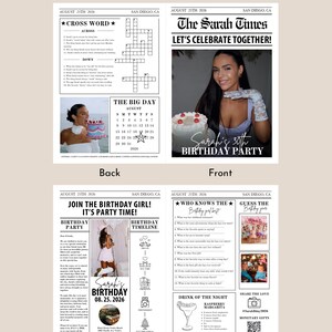 K&ouml;nnte beinhalten: Eine vierseitige, druckbare Geburtstagseinladung im Zeitungsdesign. Die Titelseite zeigt ein Foto einer Frau mit dem Text "The Sarah Times" und "Let's Celebrate Together!" Die R&uuml;ckseite enth&auml;lt ein Kreuzwortr&auml;tsel und einen Kalender. Die Innenseiten beinhalten eine Geburtstagszeitlinie, ein Quiz "Wer kennt das Geburtstagskind am besten?" und ein Spiel "Errate das Geburtsjahr".