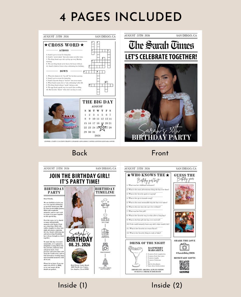 K&ouml;nnte beinhalten: Eine vierseitige, druckbare Geburtstagseinladung im Zeitungsdesign. Die Titelseite zeigt ein Foto einer Frau mit dem Text "The Sarah Times" und "Let's Celebrate Together!" Die R&uuml;ckseite enth&auml;lt ein Kreuzwortr&auml;tsel und einen Kalender. Die Innenseiten beinhalten eine Geburtstagszeitlinie, ein Quiz "Wer kennt das Geburtstagskind am besten?" und ein Spiel "Errate das Geburtsjahr".